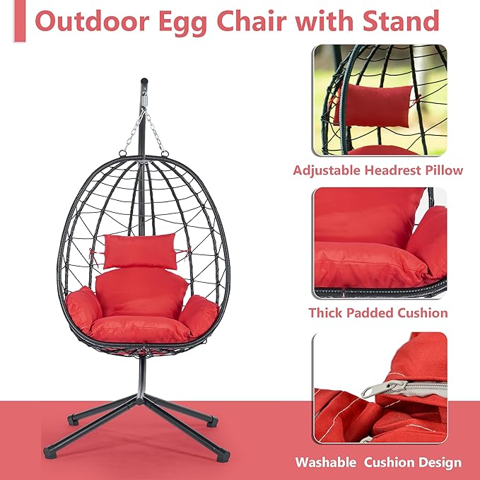 Hanging Egg Chair with Stand Black Wicker Rattan Swing Egg Chair Indoor Outdoor Swing Chair for Patio Balcony Porch Bedroom 350 LBS Capacity (Red)