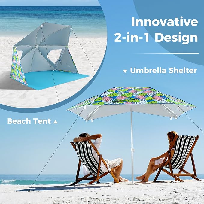 Tangkula Beach Tent for 2-4 People 2-in-1 Beach Tent Sun Shelter with Extendable Floor Roll-Up Windows UPF50+ Easy Setup Beach Umbrella for Shade Pool Backyard Camping