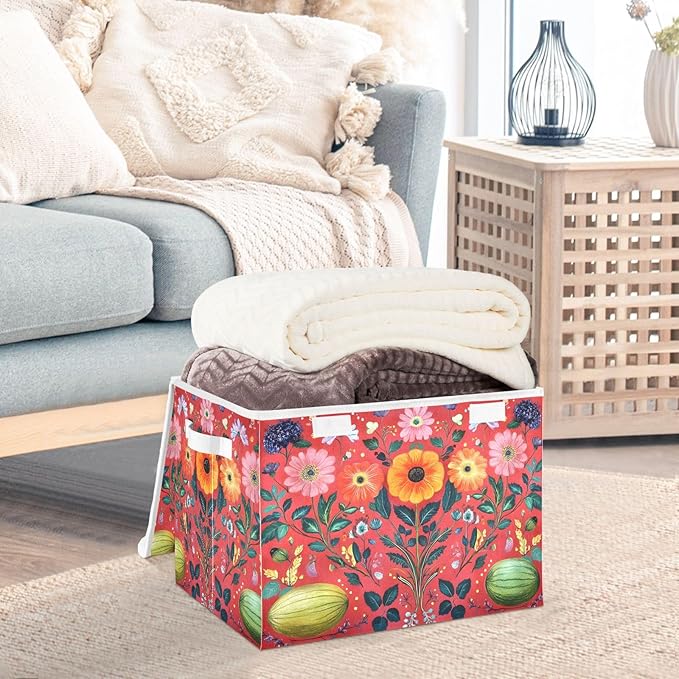 AIXIWAWA Lidded Storage Cube (Pattern Flowers) Fabric Foldable Closet Bins with Flip Lid and Handles Organizer Basket Container 16.5 x 12.6 x 11.8 IN