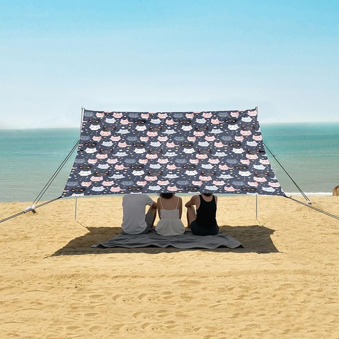 ALAZA Cat Cute Kitten Cartoon Beach Tent Sun Shelter UPF50+ Protection Beach Shade Canopy w/ 4 Sandbags for Outdoor Camping Fishing Backyard Fun Picnic 10x9 ft