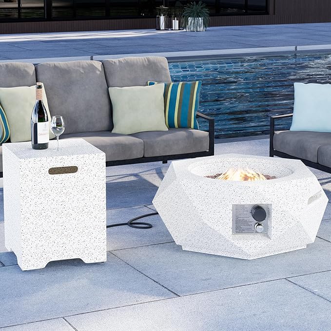 HOMPUS Hexagon Fire Pit Table Outdoor Propane Fire Pit Table w Free Lava Rocks &amp Rain Cover Terrazzo Colorful Fire Pit w Tank Cover Table for Patio Outside