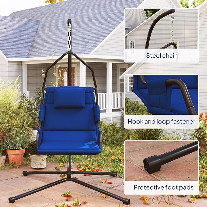 Outsunny Hammock Chair with Stand Hammock Swing with PA Coating Oxford Fabric Cushion Indoor Outdoor Hanging Chair with Chain Steel Frame for Bedroom Patio Balcony Dark Blue