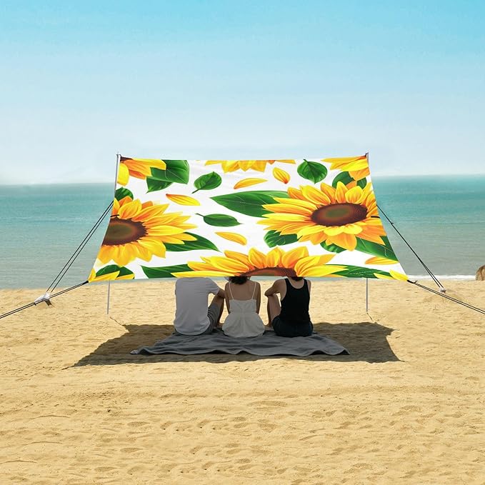 Beach Canopy with Windproof Ropes &amp Sandbags Beach Tent Sun Shade Sun Shelter for Camping Trips Fishing Backyard Fun or Picnics Sunflowers