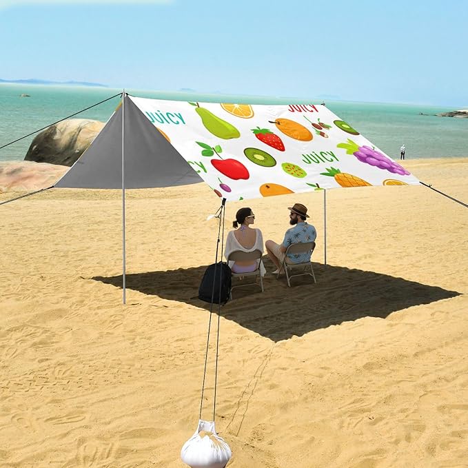Beach Canopy with Windproof Ropes &amp Sandbags Beach Tent Sun Shade Sun Shelter for Camping Trips Fishing Backyard Fun or Picnics Fruit