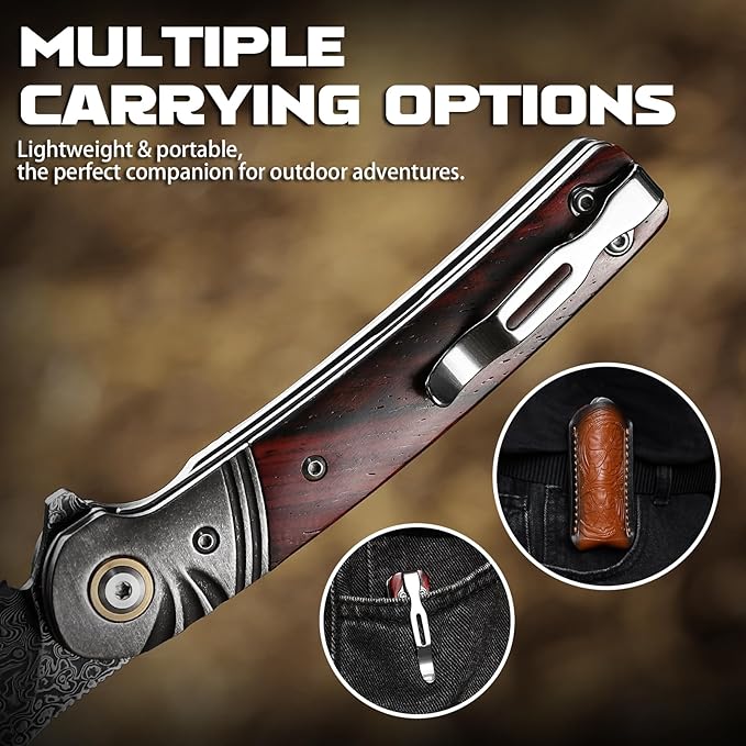 Omesio Damascus Folding Pocket Knife 3.27 Damascus Steel Blade Rosewood Handle EDC Knife with Clip &amp Sheath for Camping Hiking Outdoor Gifts for Men Women