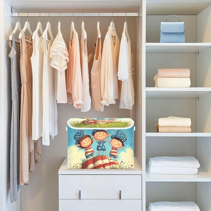 Collapsible Storage Bins with Lids Decorative Fabric Storage Cubes Closet Organizer and Storage Basket Boxes Containers for Clothes Box Chest Nursery Folding Rectangle July 4th Midgets Flag B