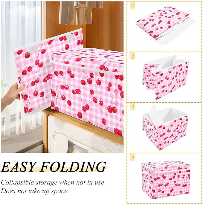 Storage Bins with Lids Storage Containers Box Organizer Bin Basket with Handles for Closet Shelves Clothes Stackable Foldable Decorative Pink Juicy Checkered Cherry