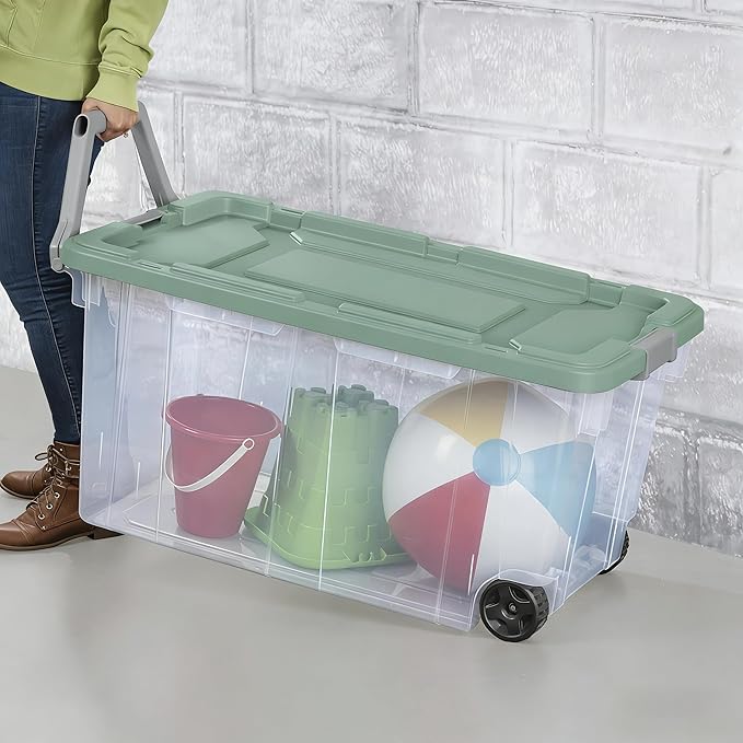 160 Quart Durable Clear Storage Container with Latch Lid and Pull Handle Light Green 2 Pack