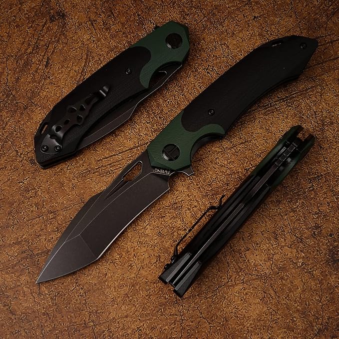 D2 Steel Folding Knife - 9CM Black Tactical Blade G10 Handle Pocket Clip - EDC Camping Survival Hunting - 60-61HRC Vacuum Heat Treated Stonewash Finish