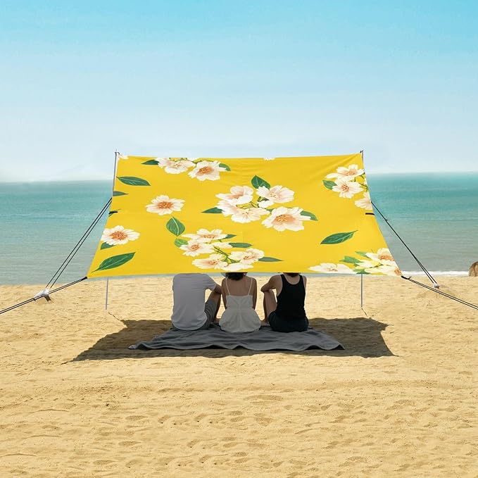 Beach Canopy with Windproof Ropes &amp Sandbags Beach Tent Sun Shade Sun Shelter for Camping Trips Fishing Backyard Fun or Picnics Flowers