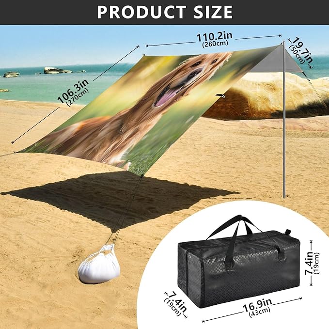 Golden Retriever Beach Tent Sun Shelter Set UPF50+ UV Protection 10.5 x 9.19 FT Camping Shade Canopy with Sandbags Sand Anchors Carrying Bag and Others