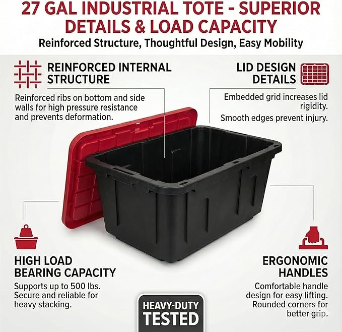 27 Gal Industrial Tote4 Pack Plastic Storage Bins with Lids Tough Large Storage BinBlack with Red Lid Plastic StorageStackable &amp Nestable for Garage Basement or Outdoor (4 Pack)