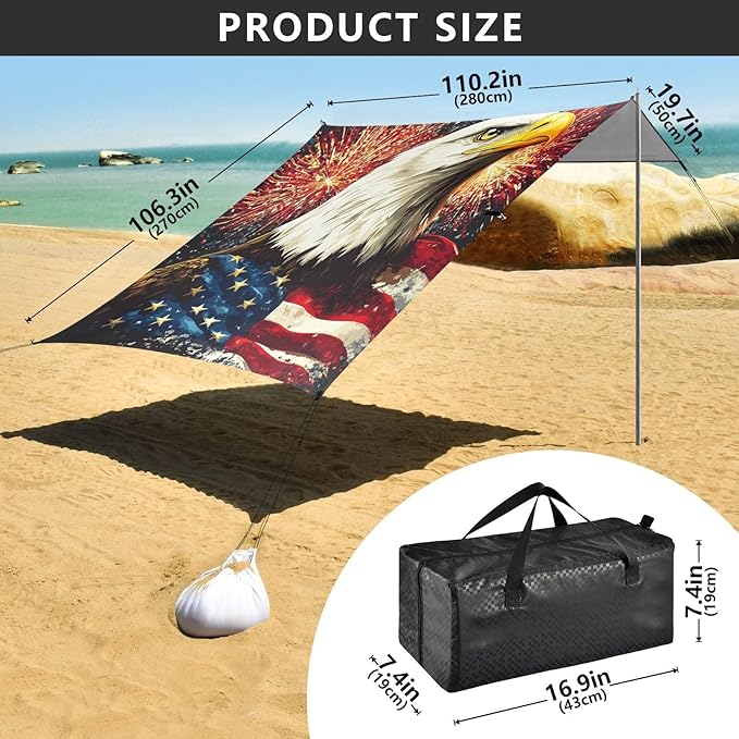 ALAZA Independence Day Flag Eagles Firework Beach Tent Sun Shelter Portable Canopy Sunshade for Outdoor Camping Picnics Backyard Fun 10x9 ft