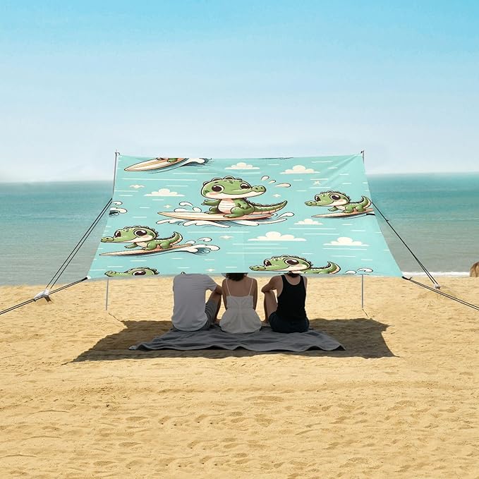 ALAZA Cute Crocodile Surfing Beach Tent Sun Shelter UPF50+ Protection Beach Shade Canopy w/ 4 Sandbags for Outdoor Camping Fishing Backyard Fun Picnic 10x9 ft