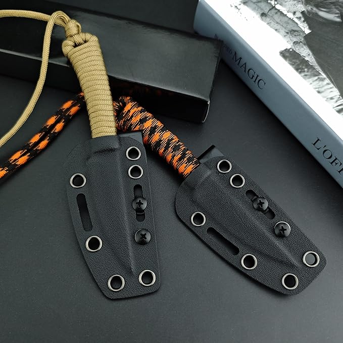Portable EDC Fixed Blade Knife2.8'' 8Cr13Mov Steel BladeNylon Rope Handle with Kydex Sheath and PocketclipGifts for Men WomenLightweight Full Tang Knives for Camping Hiking Fishing (Orange)