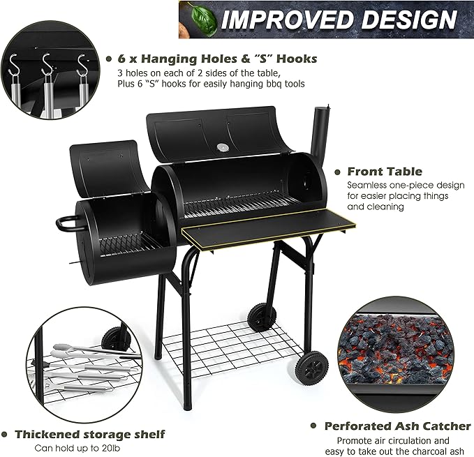 Joyfair Charcoal Grill with Offset Smoker Camping Barbecue Grill with Side Fire Box for Outdoor BBQ Smoking/Backyard Party Grilling Thick Iron Steel &amp Dual Chamber Design Thermometer &amp Chim
