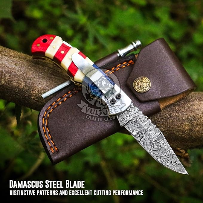 Damascus Steel Pocket Knife with Clip and Leather Sheath - EDC Knife for Outdoor and Camping Activities Handmade Folding Knife Free knife Sharpner (American Flag handle) (American Flag Handle)