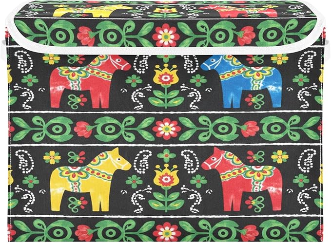 senya Baskets Collapsible Storage Bins with Lids Ethnic Swedish Dala Horse Storage Boxes Clothes Baskets for Organizing
