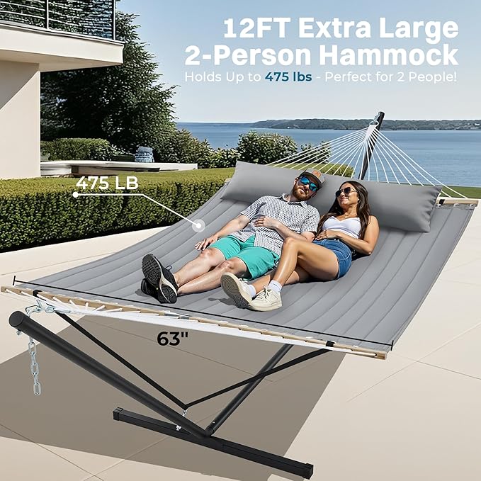 SUPERJARE Hammock with Stand 2 Person Quilted Outdoor Hammock Detachable Pillow &amp Bamboo Spreaders Portable Hammock with Carrying Bag Heavy Duty Stand Perfect for Outside Patio Gray