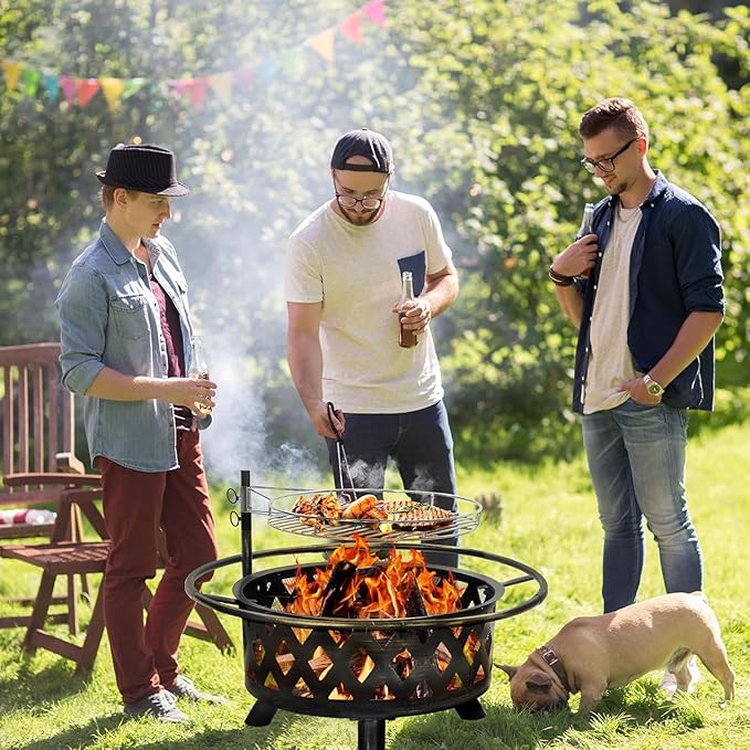 2 in 1 Firepit with Grill 30 Inch Outdoor Fire Pit with Mat &amp Spark Screen &amp Cooking Grate - Large Round Steel Fire pits for Patio Backyard &amp Garden - Includes Poker for Wood Burning &amp