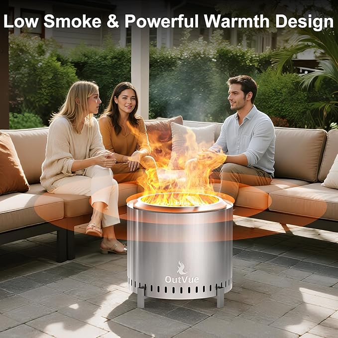 OutVue 19.5 inch Stainless Steel Smokeless Fire Pit Outdoor Smokeless Firepit Wood Burning Fire Pits for Camping Bonfire Low Smoke Firepit for Outside (Vertical Hole)