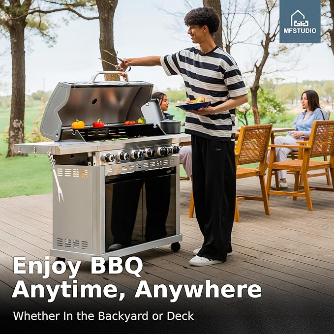 MFSTUDIO 6 Burner BBQ Propane Gas Grill with Side Burner &amp Porcelain-Enameled Cast Iron Grates Grill Griddle Combo for Outdoor Barbecue 740 SQ.IN. Large Cooking Area