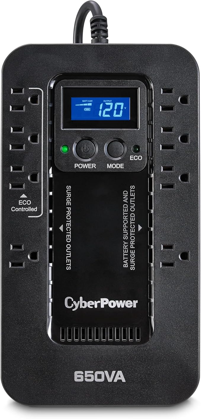 CyberPower EC650LCD Ecologic Battery Backup &amp Surge Protector UPS System 650VA/390W 8 Outlets ECO Mode Compact Uninterruptible Power Supply