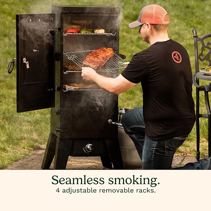 Cuisinart 36” Vertical Propane Smoker 4 Removable Racks Spacious BBQ Smoker with Wood and Water Trays 15000 BTU Heat for Smoked Meat Brisket Jerky Fish Perfect for Tailgates Backyard Camping