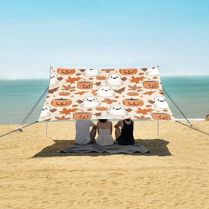 ALAZA Pumpkin Ghost Fall Leaves Pattern Beach Tent Sun Shelter Portable Canopy Sunshade for Outdoor Camping Picnics Backyard Fun 10x9 ft