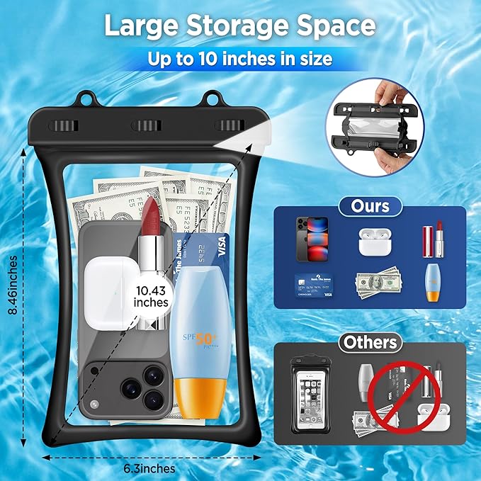 CACOE [Floatable Floating Universal IPX8 Waterproof Phone case 2 Pack-Up to 10.0Adjustable Lanyard Phone PouchCellphone Dry Bags for Vacation Beach Pool Kayak Cruise Travel Essentials（Black+Black）
