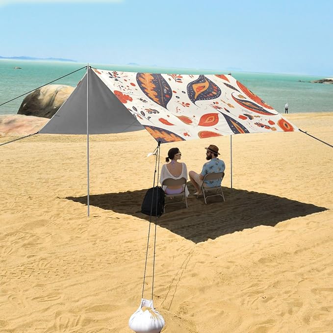 Colorful Paisley Pattern Beach Cabana Tent UPF50+ Protection Easy Setup Sun Shelter with Sandbags &amp Sand Shovel for Family Trips Picnics &amp Camping
