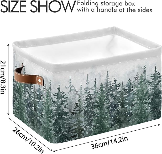 Winter Pine Forest Tree Storage Basket with Waterproof Liner and PU Handles Christmas Snow Scene Storage Bins Boxes 14.2 Collapsible Decorative Organizer Baskets for Bedroom Closet Office 2 Pack