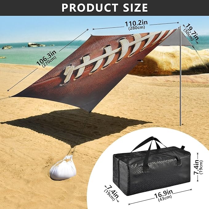 ALAZA Football Close Up Beach Tent Sun Shelter UPF50+ Protection Beach Shade Canopy w/ 4 Sandbags for Outdoor Camping Fishing Backyard Fun Picnic 10x9 ft