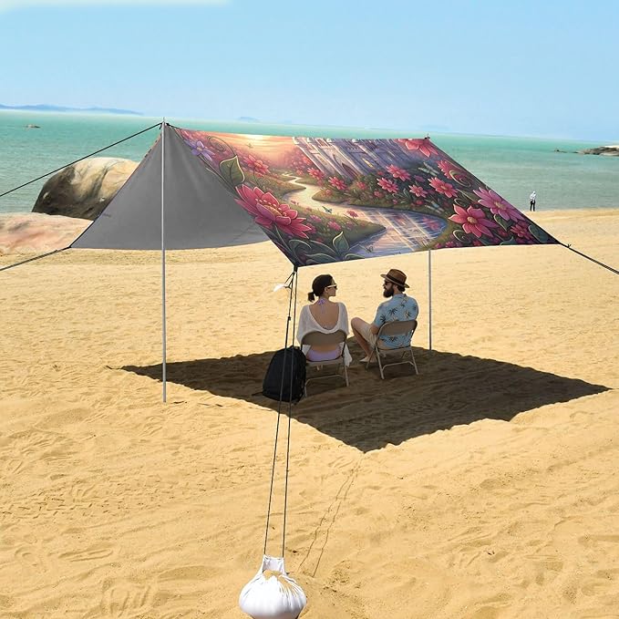 Castle Beach Canopy Sun Shelter with Sandbags &amp Sand Shovel &amp Windproof Ropes - Portable 110x126 Beach Shade Beach Tent for Camping Picnics