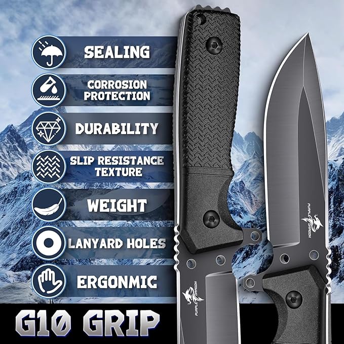 Purple Dragon Fixed Blade Knife with Kydex Sheath Black Outdoor Knives for Camping with Ergonomic Handle Durable Kydex Sheath Gifts for Men