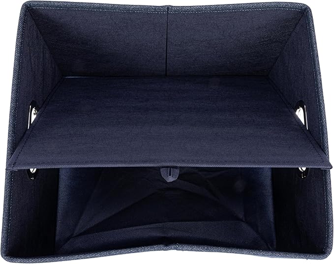 Household Essentials Collapsible Cotton Blend Storage Box with Lid and Metal Grommet Handle Set of 2 Denim