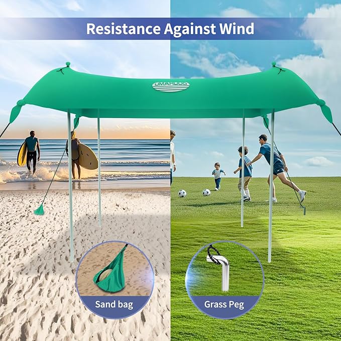UMARDOO Family Beach Tent Canopy Sun Shade Portable Large Compact Beach Sun Shelter Easy Setup with Packable Bag for Outdoor Travel (Green 10X10 FT. 4Poles)