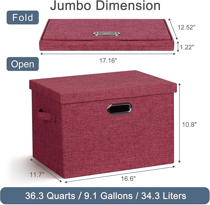 Graciadeco Large 17 36 Quart Collapsible Stackable Storage Bins with Lids 3 Packs Bright Red Linen Fabric Closet Boxes with Lids Storage Cube Baskets Container Organizers for Office (17x12x11)