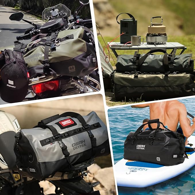 Waterproof Duffel Bag - Motorcycle Dry Bag 40L Tail Bag with Large Storage Space Waterproof Duffle Bags with Outer Mesh Zipper Pocket for Camping Kayaking Fishing &amp Traveling-Mudbrown
