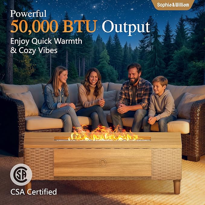 Sophia &amp William 42 Inch Outdoor Propane Gas Fire Pit Table Patio Rattan Rectangular Fire Table with Tank Cover Table 50000 BTU Firepit Table for Outside Patio with Fire Glass Lid