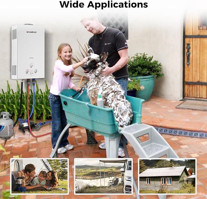 CAMPLUX 4.22GPM Propane Water Heater with 3.3 GPM Water Pump &amp Pipe Strainer 110000BTU Tankless Outdoor Water Heater BW422P120