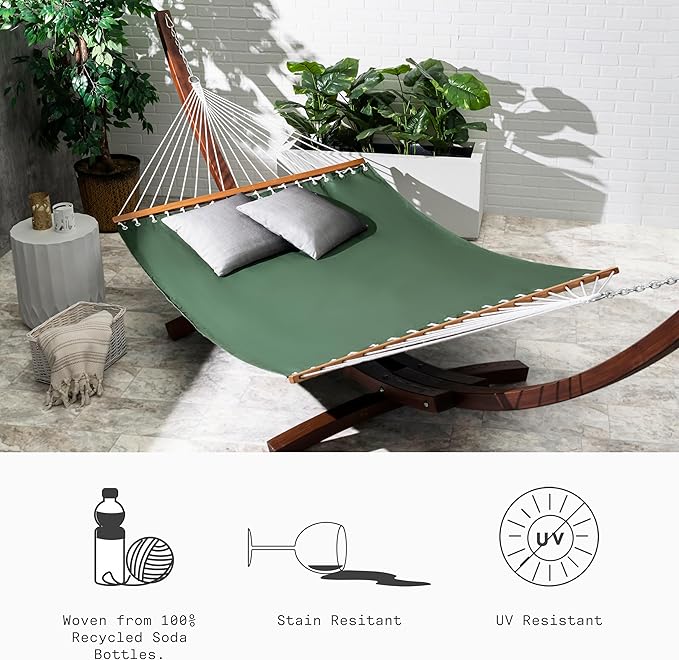 Fab Habitat Solid Recycled Polyester Hammock - Fargo - Green - Indoor/Outdoor Quick Dry 2 Person 460 lbs Capacity - Patio Poolside Backyard Garden Beach Balcony - 12-14 ft Adjustable