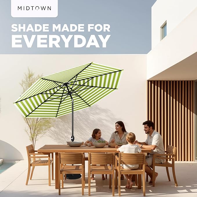 Midtown Umbrellas - 10-Year-No-Fade 10 Ft Patio Umbrella with Terylast Fabric Auto-Tilt Aluminum Frame and 8 Reinforced Ribs for Deck Pool Garden &amp Beach - Green/White Stripes Canopy Black Pol