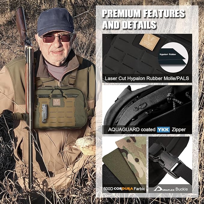 Tactical Chest Rig Bag 3L Utility Hypalon Molle Chest Rig With Map Pocket 500D Cordura Chest Bag for Hunting Workouts (Black)