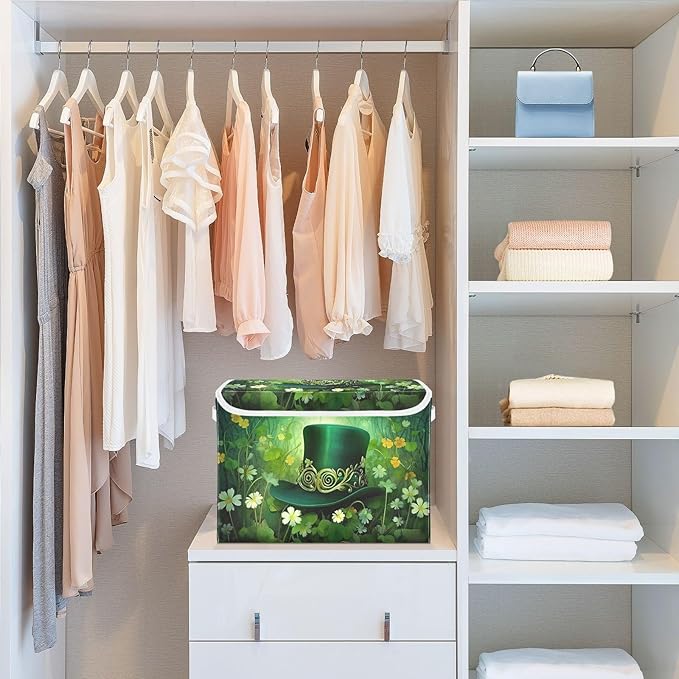 Christmas Storage Baskets with Lids Green Hat and Flowers Collapsible Bins Stackable Fabric Linen Baskets Closet Organizer Container 16.5x12.6x11.8