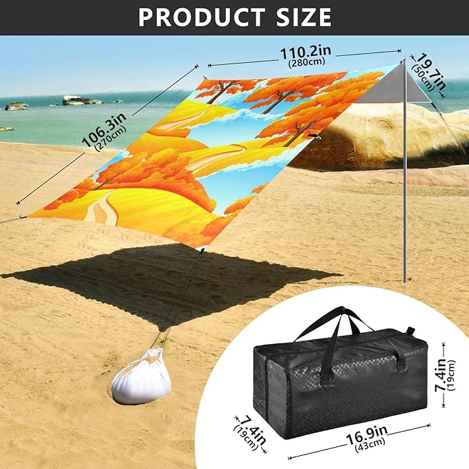 Beach Canopy with Windproof Ropes &amp Sandbags Beach Tent Sun Shade Sun Shelter for Camping Trips Fishing Backyard Fun or Picnics Autumn