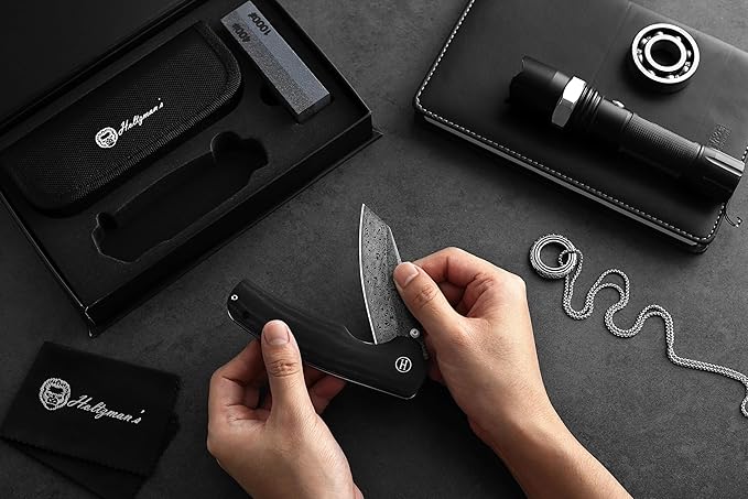 Clip Point Folding Knife with G10 Tactical Handle Damascus Steel Blade Gift Box Set - Ideal for Everyday Carry - Holtzman's Gorilla Survival