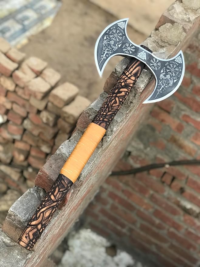 Medieval Viking Double Headed Axe – Double Sided Axe - Full Engraved Beautiful BattleVikings Twin Blades Authentic Two Sided Hatchet Norse Berserker Ax Carved Shaft with Leather Sheath