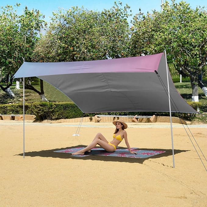 Pink Blue Gradient Foldable Beach Cabana UPF50+ Protection Water-Resistant Shade Sun Shelter with Sand Shovel Sandbags for Camping Picnics Backyard