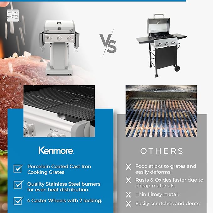 Kenmore 3-Burner Outdoor BBQ Grill | Liquid Propane Barbecue Gas Grill with Folding Sides PG-A4030400LD-PE Pedestal Grill with Wheels 30000 BTU Pearl White